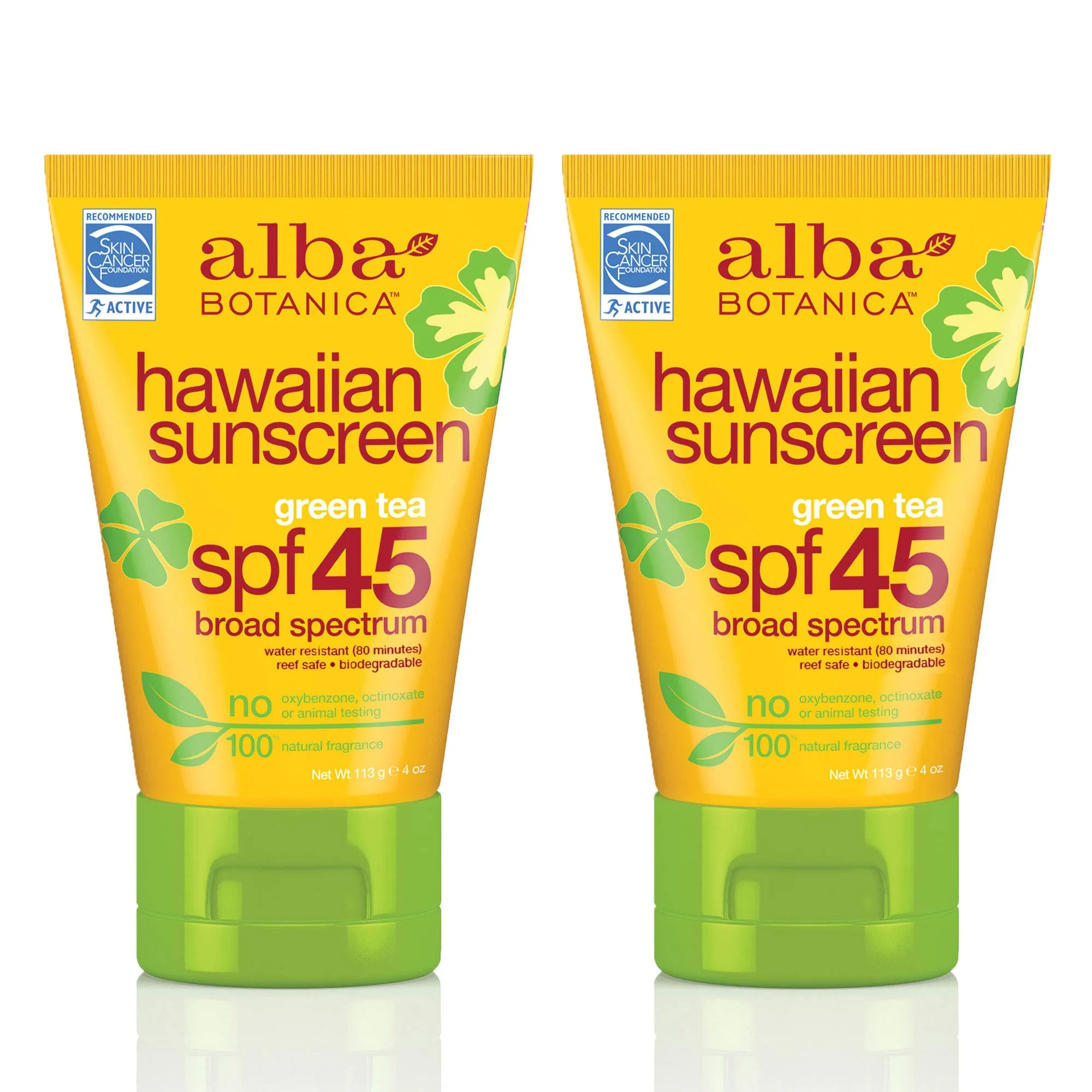 Alba Botanica Green Tea Hawaiian SPF 45 Sunscreen, 4 oz. (Pack of 2) 4 Ounce (Pack of 2)