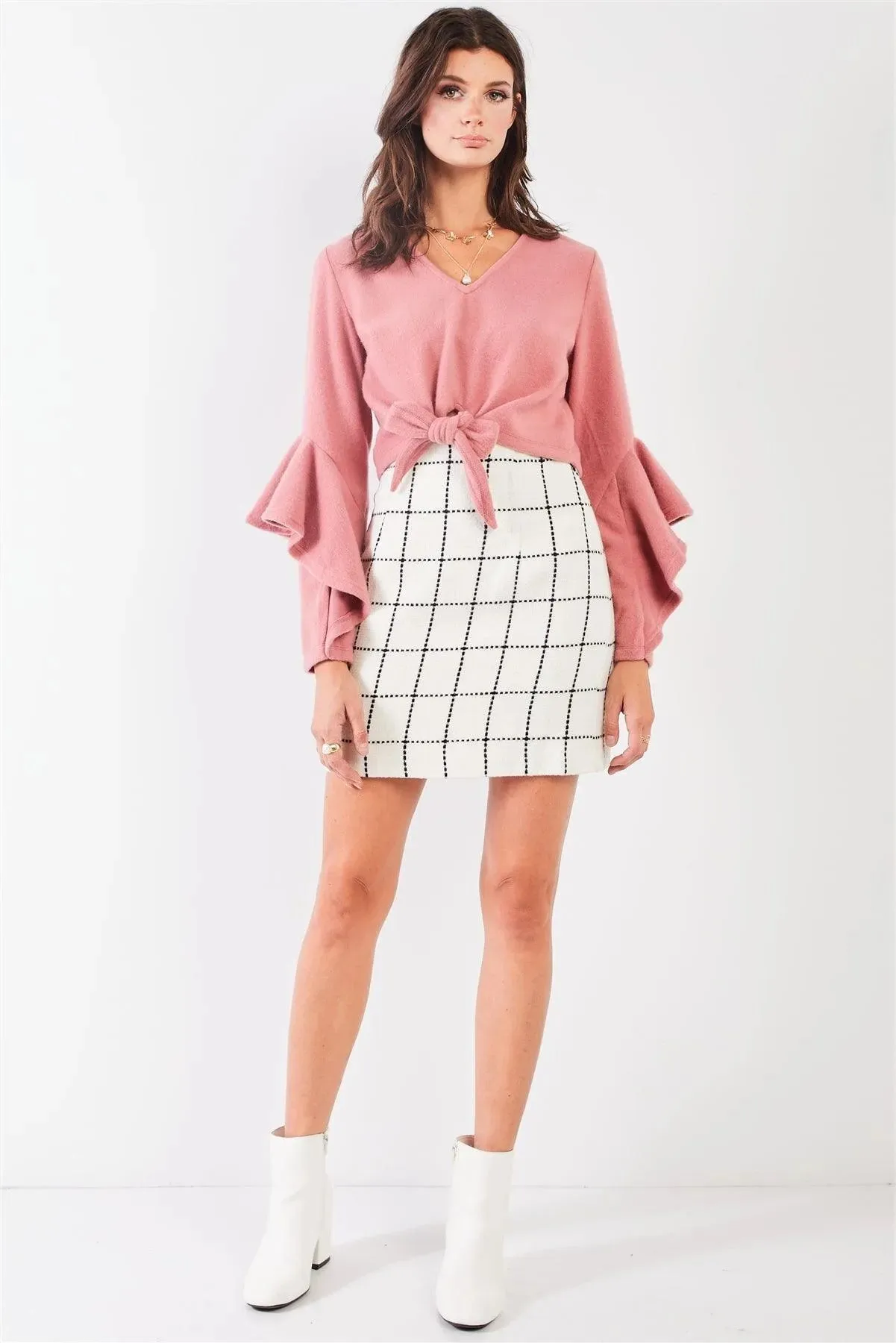 Blush Fuzzy Long Ruffle Sleeve V-Neck Self-Tie Front Detail Cropped Top /2-1-3
