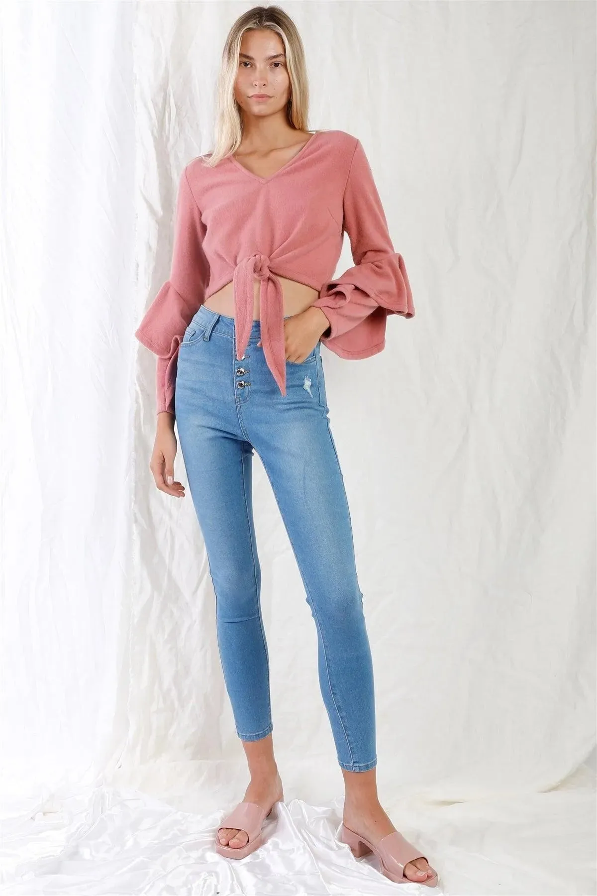 Blush Fuzzy Long Ruffle Sleeve V-Neck Self-Tie Front Detail Cropped Top /2-1-3