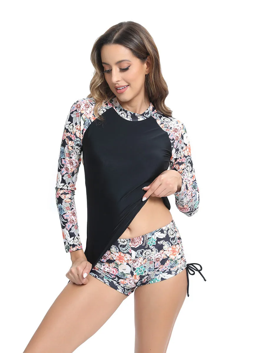 Leaf print long-sleeved sunscreen belly-covering two-piece tankini set