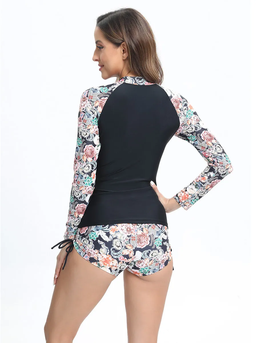 Leaf print long-sleeved sunscreen belly-covering two-piece tankini set