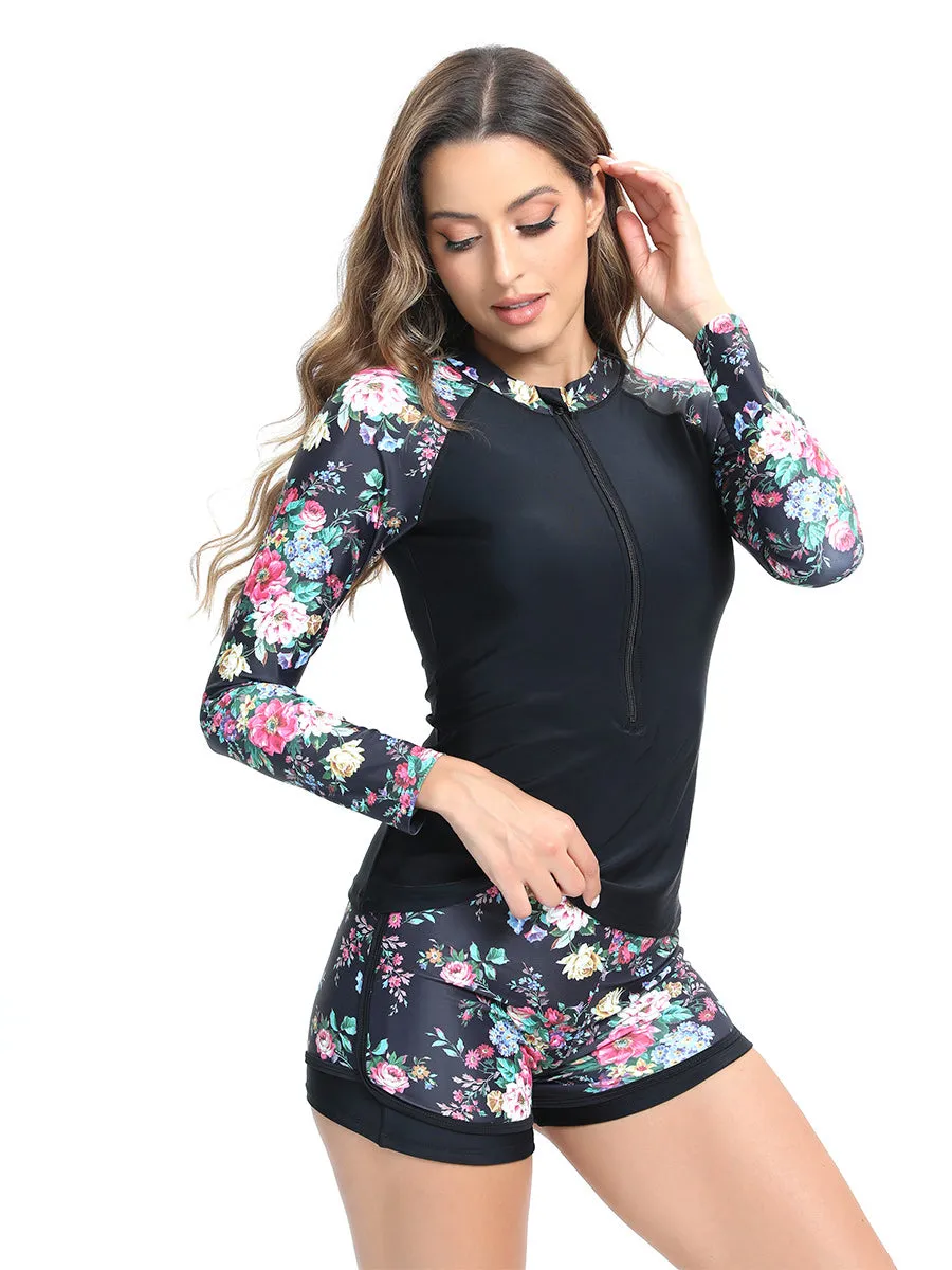 Leaf print long-sleeved sunscreen belly-covering two-piece tankini set