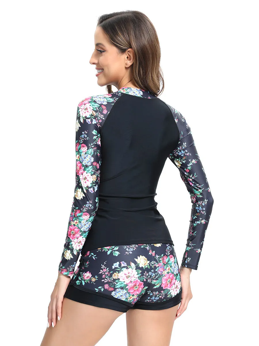 Leaf print long-sleeved sunscreen belly-covering two-piece tankini set