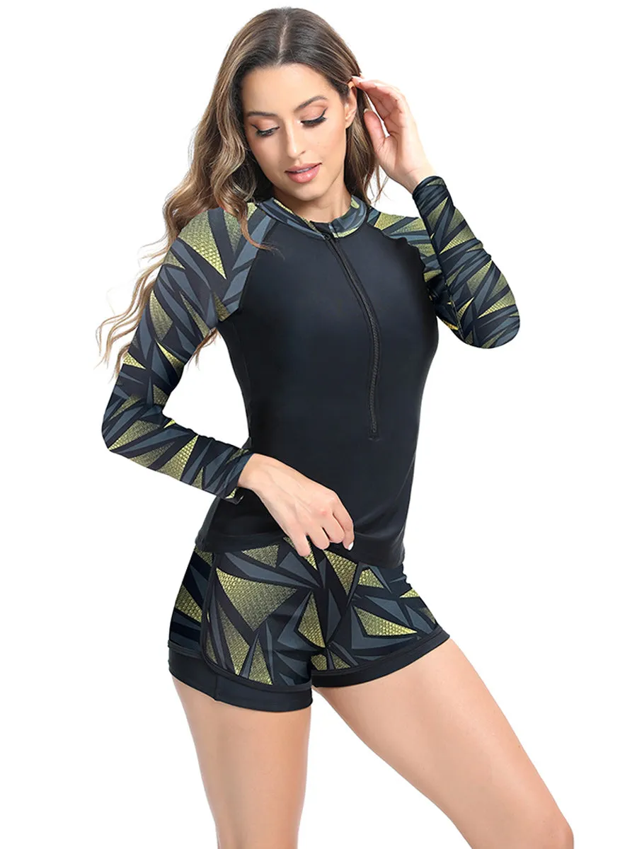 Leaf print long-sleeved sunscreen belly-covering two-piece tankini set