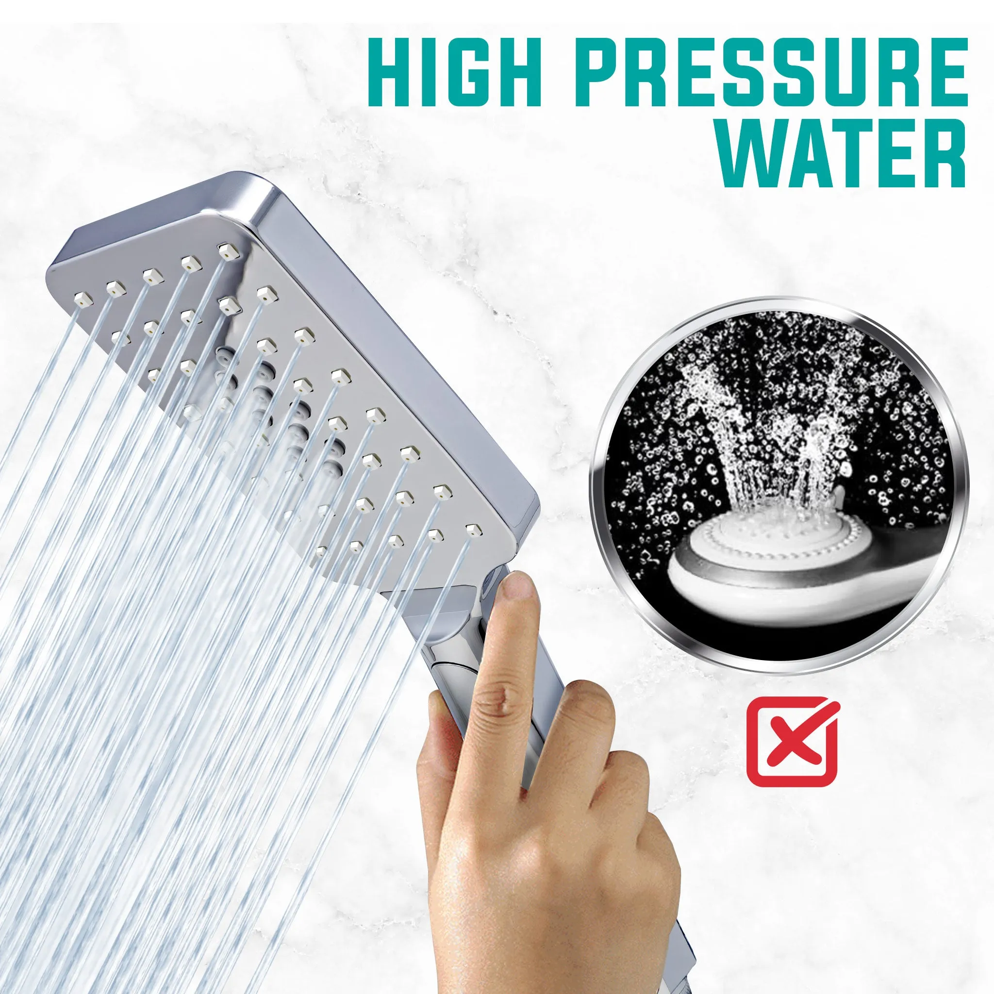 Metpure High-Pressure Handheld Shower Head with Easy Clicker for Multiple Sprays. Low Profile Lightweight Rectangular Shower Head. Stainless Steel Hose & Adjustable Mount Holder. Chrome Finish
