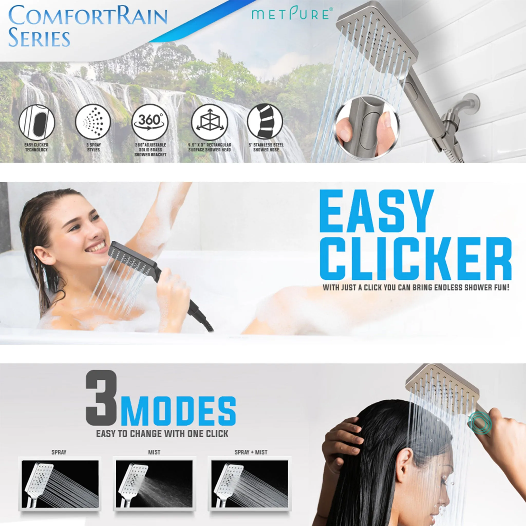Metpure High-Pressure Handheld Shower Head with Easy Clicker for Multiple Sprays. Low Profile Lightweight Rectangular Shower Head. Stainless Steel Hose & Adjustable Mount Holder. Chrome Finish