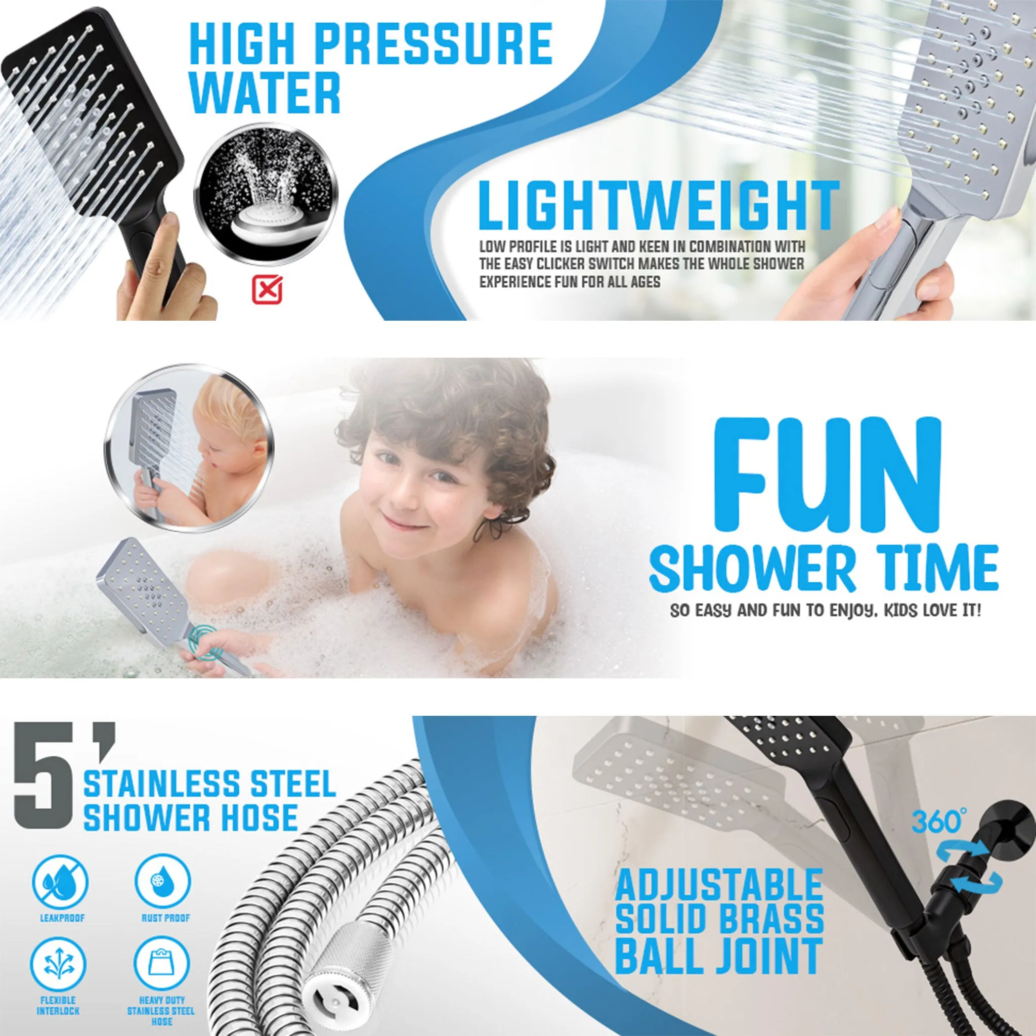 Metpure High-Pressure Handheld Shower Head with Easy Clicker for Multiple Sprays. Low Profile Lightweight Rectangular Shower Head. Stainless Steel Hose & Adjustable Mount Holder. Chrome Finish