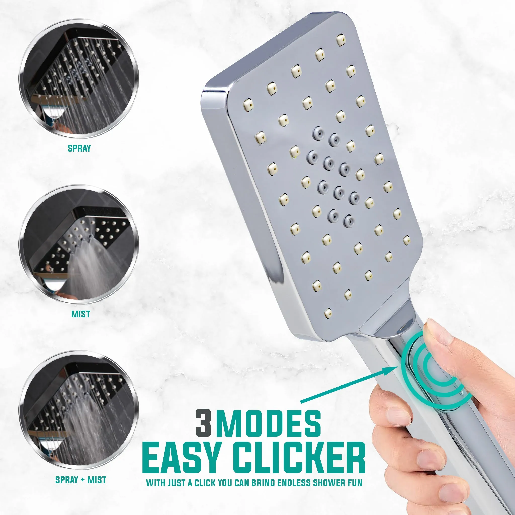 Metpure High-Pressure Handheld Shower Head with Easy Clicker for Multiple Sprays. Low Profile Lightweight Rectangular Shower Head. Stainless Steel Hose & Adjustable Mount Holder. Chrome Finish