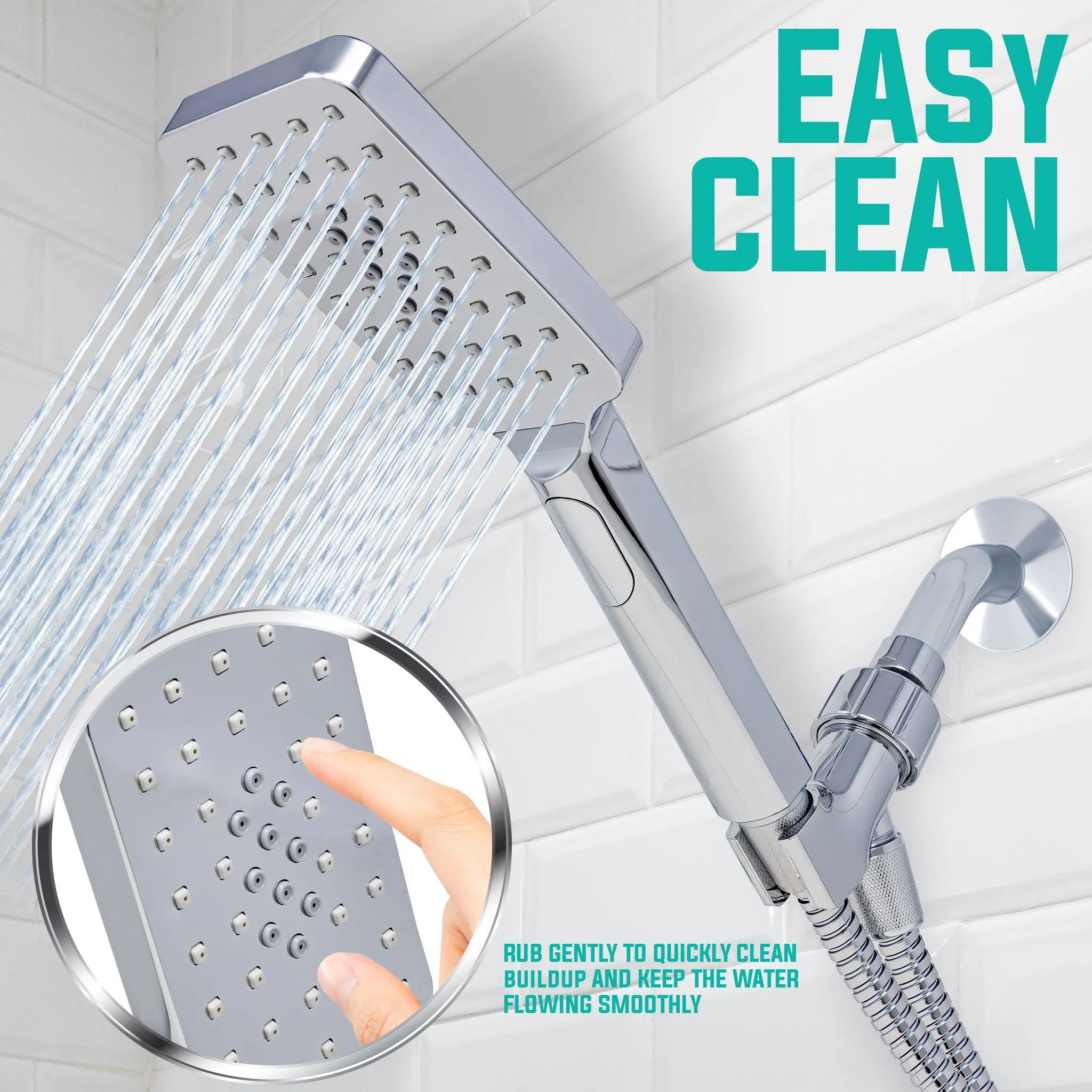 Metpure High-Pressure Handheld Shower Head with Easy Clicker for Multiple Sprays. Low Profile Lightweight Rectangular Shower Head. Stainless Steel Hose & Adjustable Mount Holder. Chrome Finish