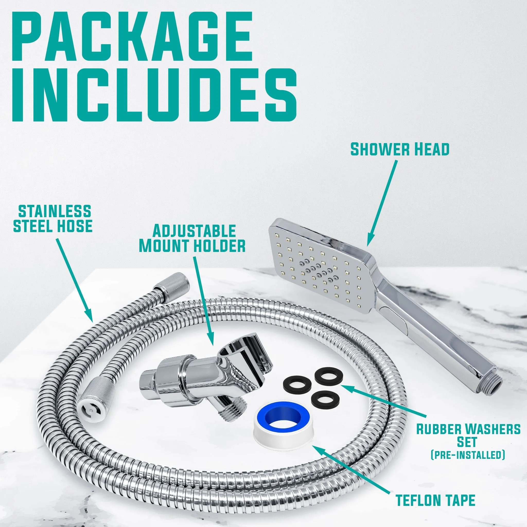 Metpure High-Pressure Handheld Shower Head with Easy Clicker for Multiple Sprays. Low Profile Lightweight Rectangular Shower Head. Stainless Steel Hose & Adjustable Mount Holder. Chrome Finish