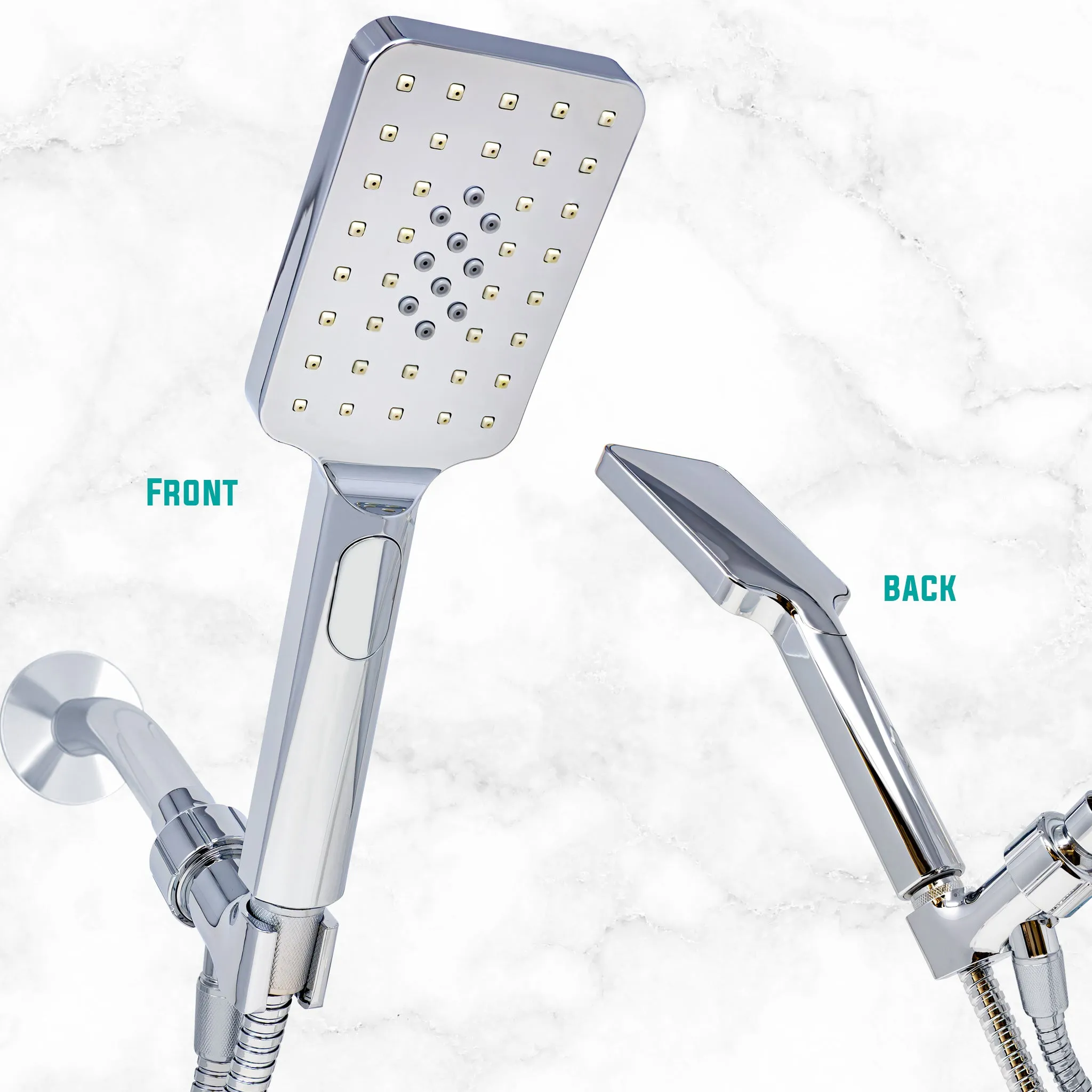 Metpure High-Pressure Handheld Shower Head with Easy Clicker for Multiple Sprays. Low Profile Lightweight Rectangular Shower Head. Stainless Steel Hose & Adjustable Mount Holder. Chrome Finish