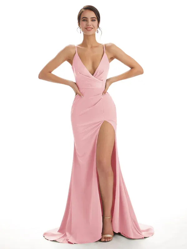 Mix and Match Blush Sexy Side Slit Mermaid Soft Satin Long Bridesmaid Dresses Online