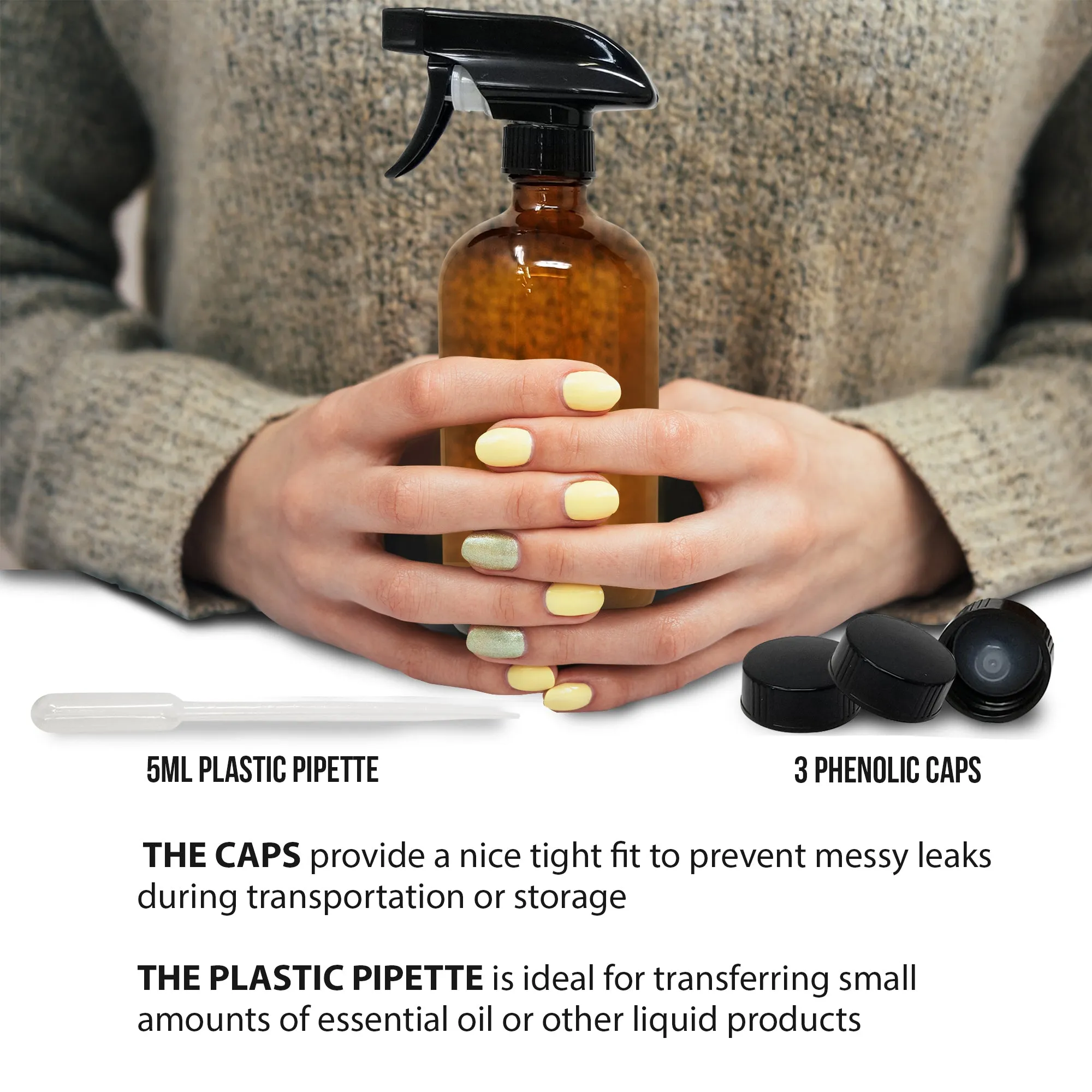 Nylea 3 Pack Refillable 8 oz Empty Amber Glass Spray Bottles [Free Phenolic Cap and Pipette] Great for Cleaning Solutions, Hair, Essential Oils, Plants - Trigger Sprayer with Mist and Single Mode