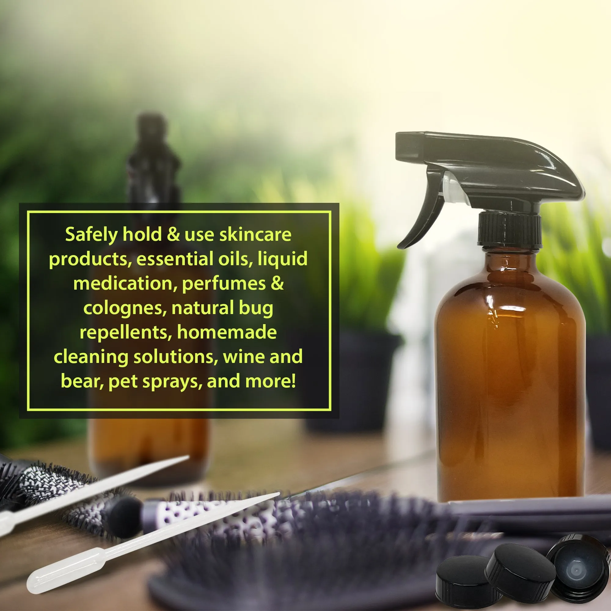 Nylea 3 Pack Refillable 8 oz Empty Amber Glass Spray Bottles [Free Phenolic Cap and Pipette] Great for Cleaning Solutions, Hair, Essential Oils, Plants - Trigger Sprayer with Mist and Single Mode