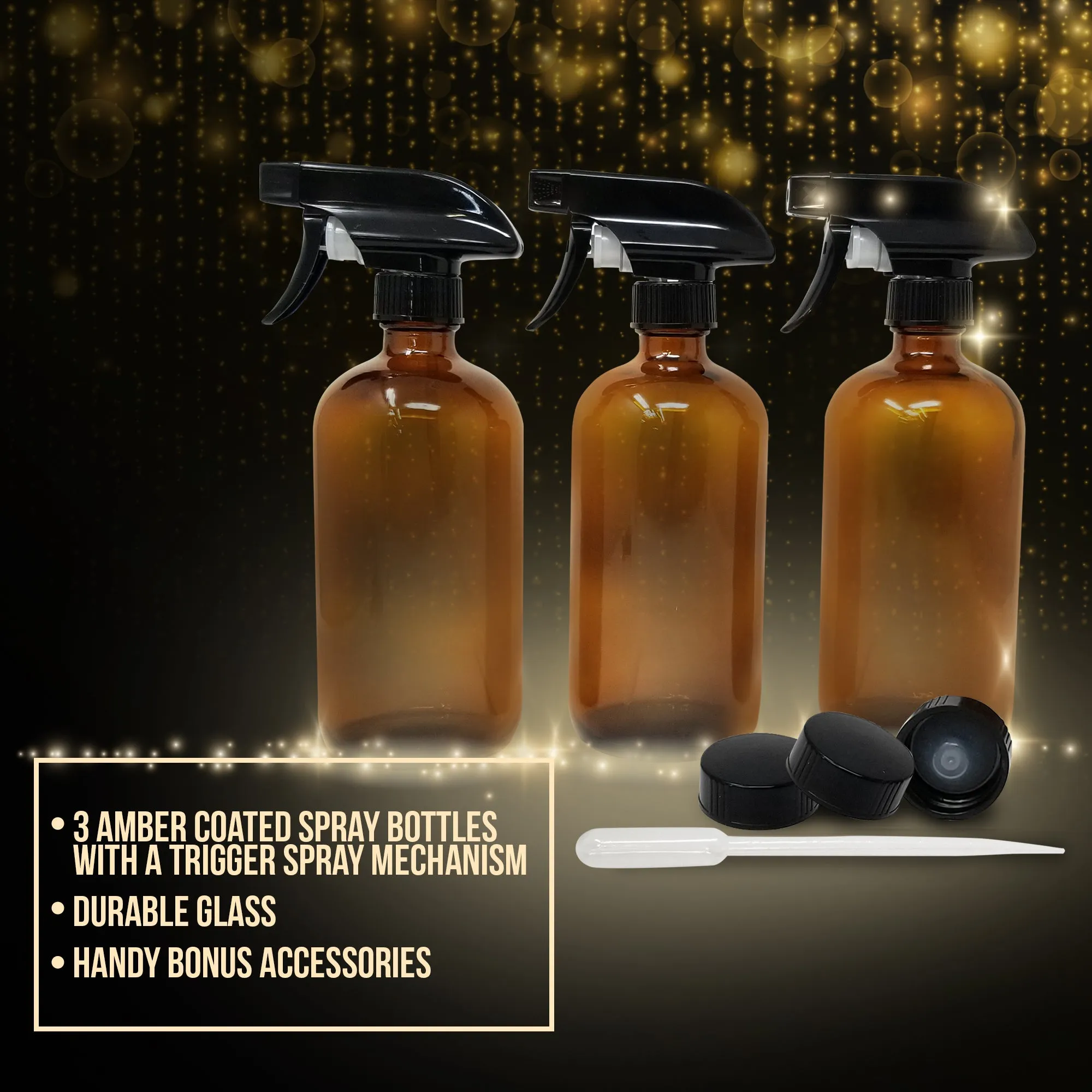 Nylea 3 Pack Refillable 8 oz Empty Amber Glass Spray Bottles [Free Phenolic Cap and Pipette] Great for Cleaning Solutions, Hair, Essential Oils, Plants - Trigger Sprayer with Mist and Single Mode